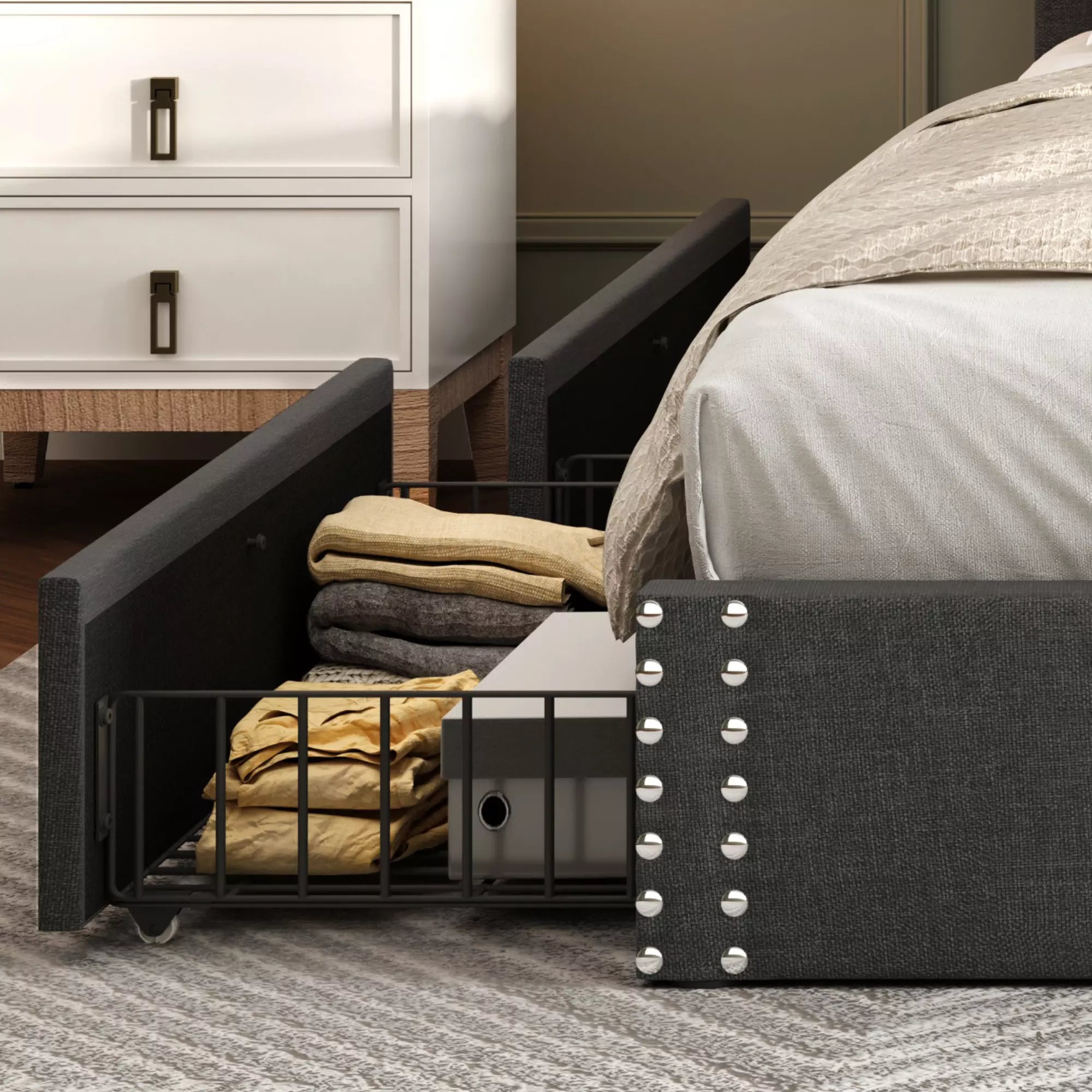 Vella Linen Upholstered Bed Frame with Storage, 4 Drawers