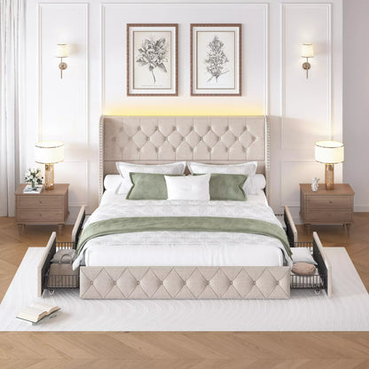 Korav Upholstered Bed Frame with Storage Drawers and LED lights
