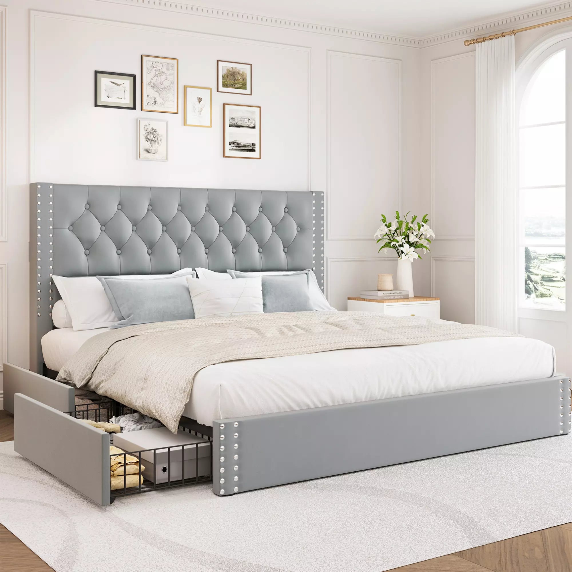 Veva Velvet Upholstered Bed Frame with Storage, 4 Drawers