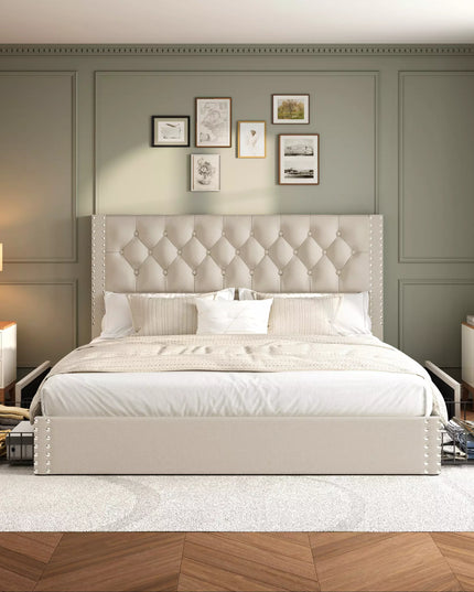 Vella Linen Upholstered Bed Frame with Storage, 4 Drawers