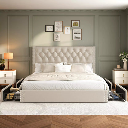 Vella Linen Upholstered Bed Frame with Storage, 4 Drawers