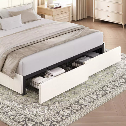 Modro Linen Upholstered Platform Bed Frame with 4 Storage Drawer