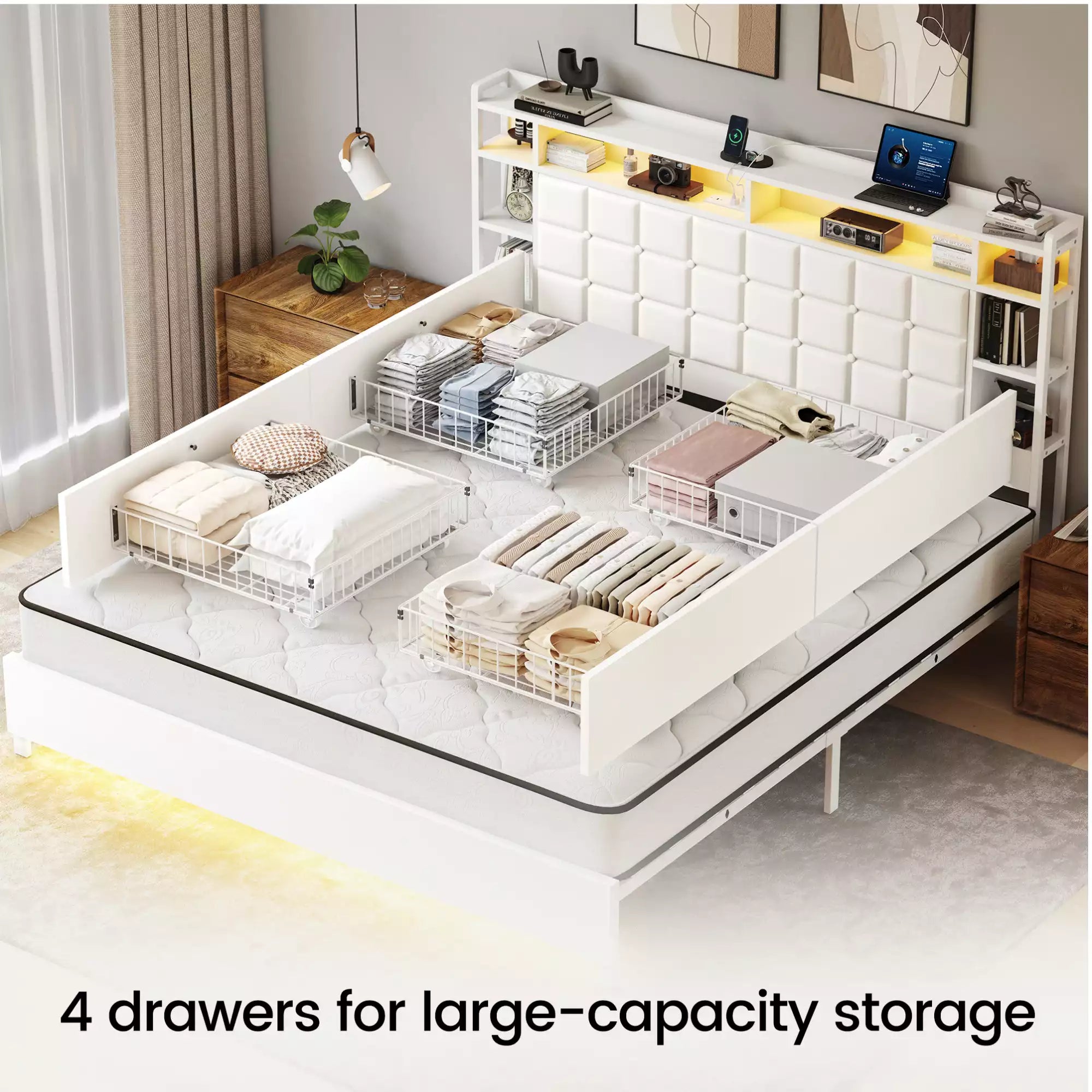 Cubes Industrial Bed Frame with Storage Drawers,Bookcase Headboard, LED Llight & Charging Hub