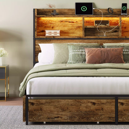 Strato King Size Wood Bed Frame Storage Headboard with Charging Station and 6 Drawers