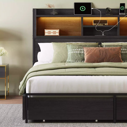 Strato King Size Wood Bed Frame Storage Headboard with Charging Station and 6 Drawers