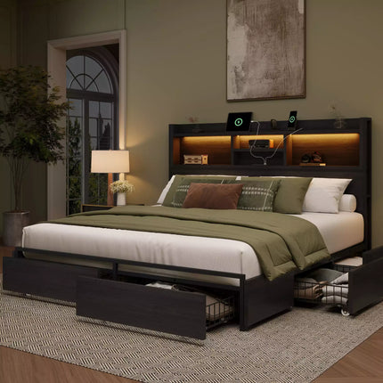 Strato King Size Wood Bed Frame Storage Headboard with Charging Station and 6 Drawers