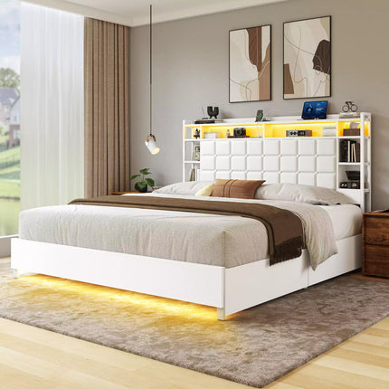 Cubes Industrial Bed Frame with Storage Drawers,Bookcase Headboard, LED Llight & Charging Hub