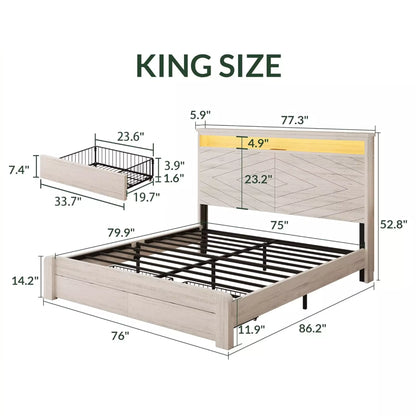 Arlo Farmhouse Wood Bed Frame, 52" Tall Headboard with Led Lights,Charging Station and 2 Drawers