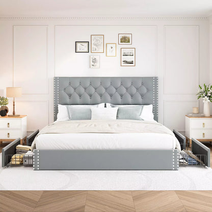 Veva Velvet Upholstered Bed Frame with Storage, 4 Drawers