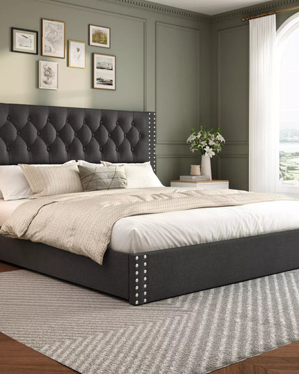 Vella Linen Upholstered Bed Frame with Storage, 4 Drawers