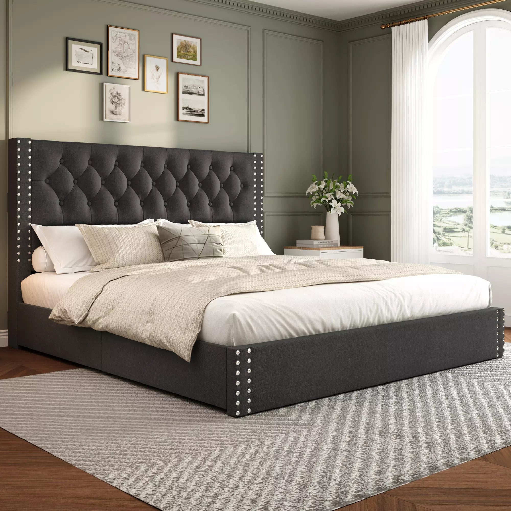 Vella Linen Upholstered Bed Frame with Storage, 4 Drawers
