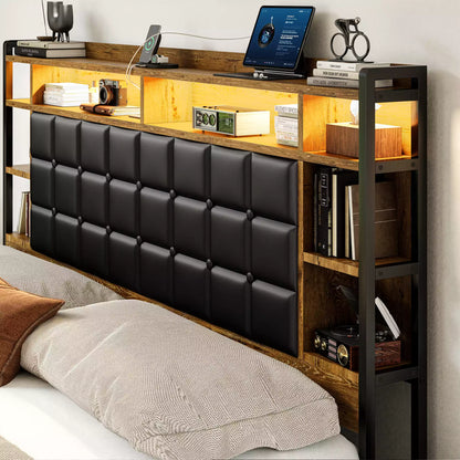 Cubes Industrial Bed Frame with Storage Drawers,Bookcase Headboard, LED Llight & Charging Hub