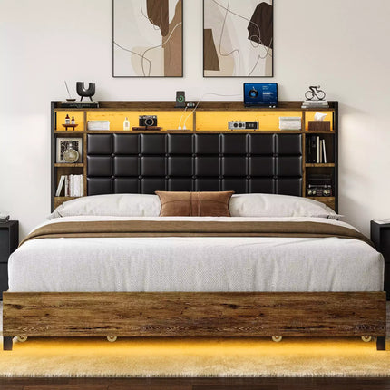 Cubes Industrial Bed Frame with Storage Drawers,Bookcase Headboard, LED Llight & Charging Hub