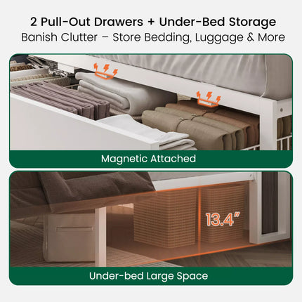 ShelfLit Bookcase Bed Frame with Hidden Headboard storage Shelvs,LED Lights & USB-C,2 Drawers