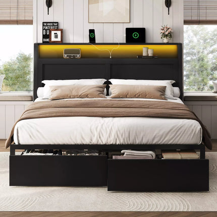 ShelfLit Bookcase Bed Frame with Hidden Headboard storage Shelvs,LED Lights & USB-C,2 Drawers