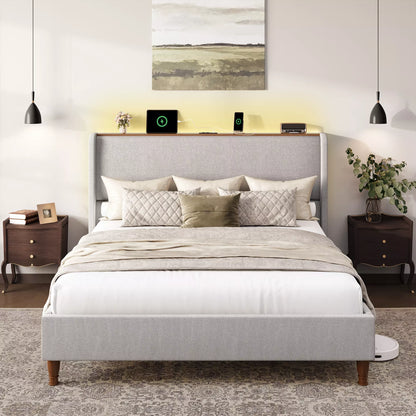 Arc Tall Headbaord Linen Upholstered Platform Bed Frame with LED Lights & Charging Station