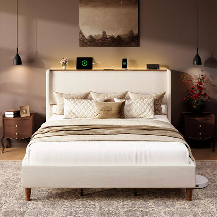 Arc Tall Headbaord Linen Upholstered Platform Bed Frame with LED Lights & Charging Station