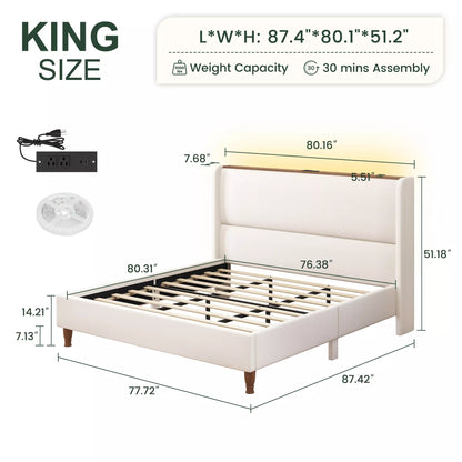 Arc Tall Headbaord Linen Upholstered Platform Bed Frame with LED Lights & Charging Station