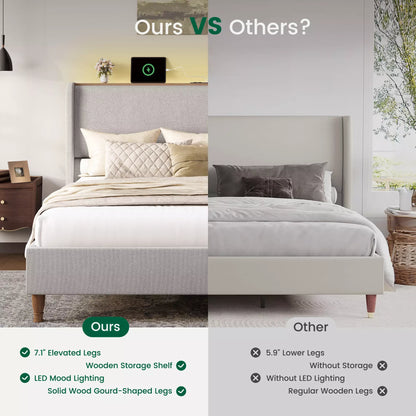 Arc Tall Headbaord Linen Upholstered Platform Bed Frame with LED Lights & Charging Station