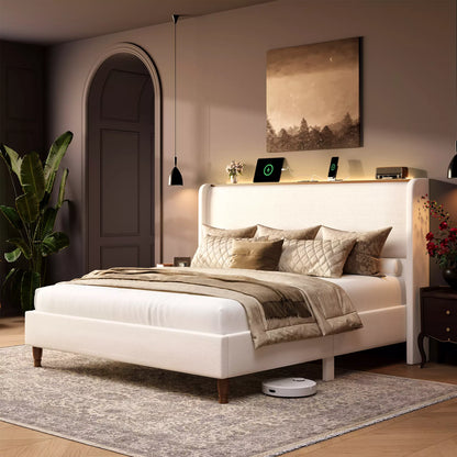 Arc Tall Headbaord Linen Upholstered Platform Bed Frame with LED Lights & Charging Station