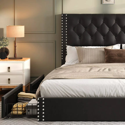 Veva Velvet Upholstered Bed Frame with Storage, 4 Drawers