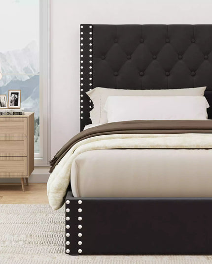 Veva Velvet Upholstered Bed Frame with Storage, 4 Drawers