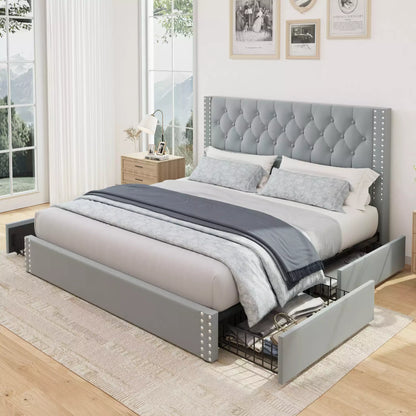 Veva Velvet Upholstered Bed Frame with Storage, 4 Drawers