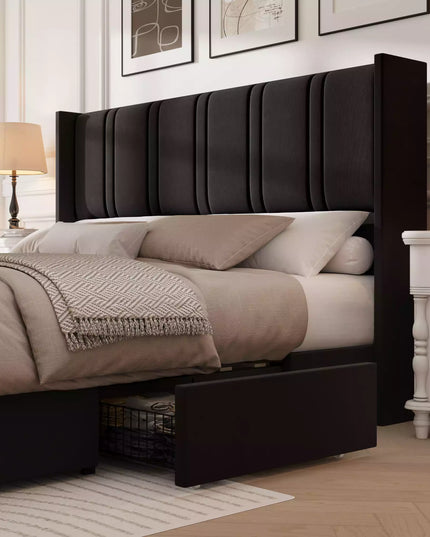Modro Linen Upholstered Platform Bed Frame with 4 Storage Drawer