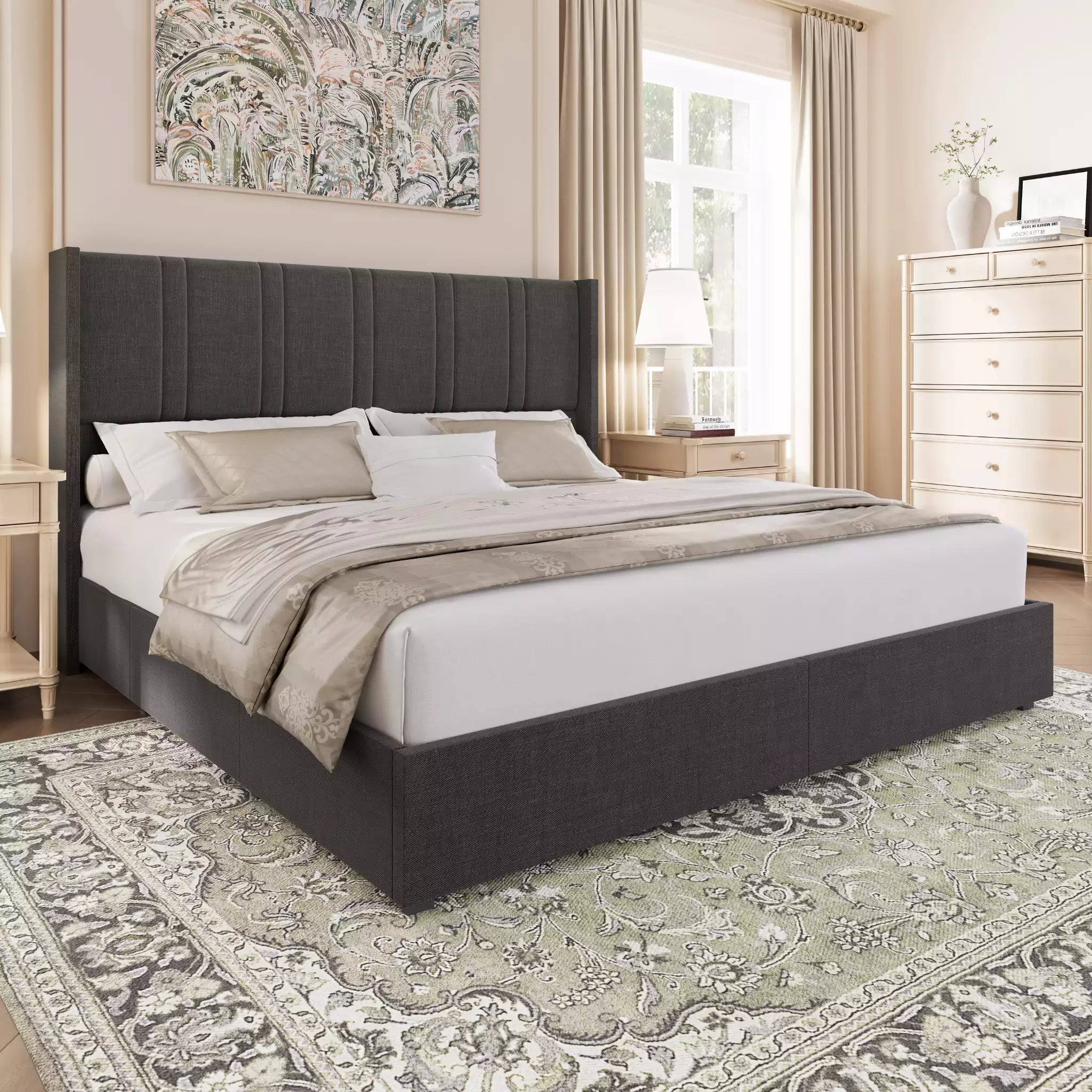 Larmace grey linen platform bed with a 47-inch channel-tufted headboard; built-in storage drawers; king or queen size