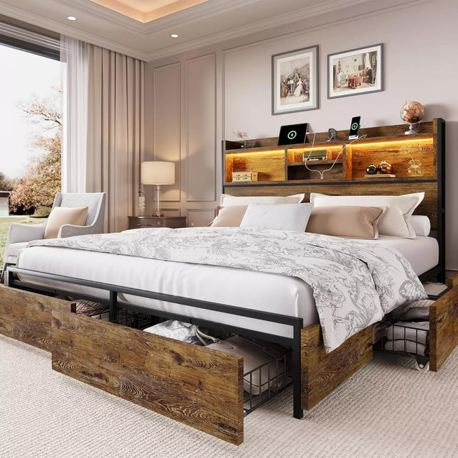 Strato Wood Bed Frame Storage Headboard with Charging Station and Drawers