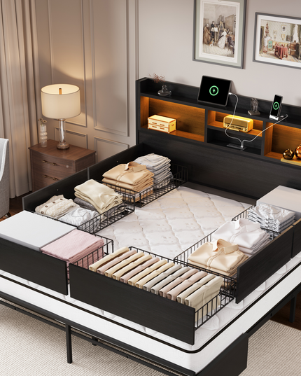 Strato Wood Bed Frame Storage Headboard with Charging Station and 6 Drawers