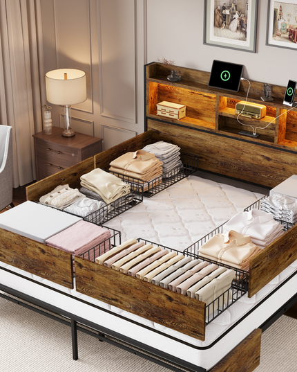 Strato Wood Bed Frame Storage Headboard with Charging Station and 6 Drawers