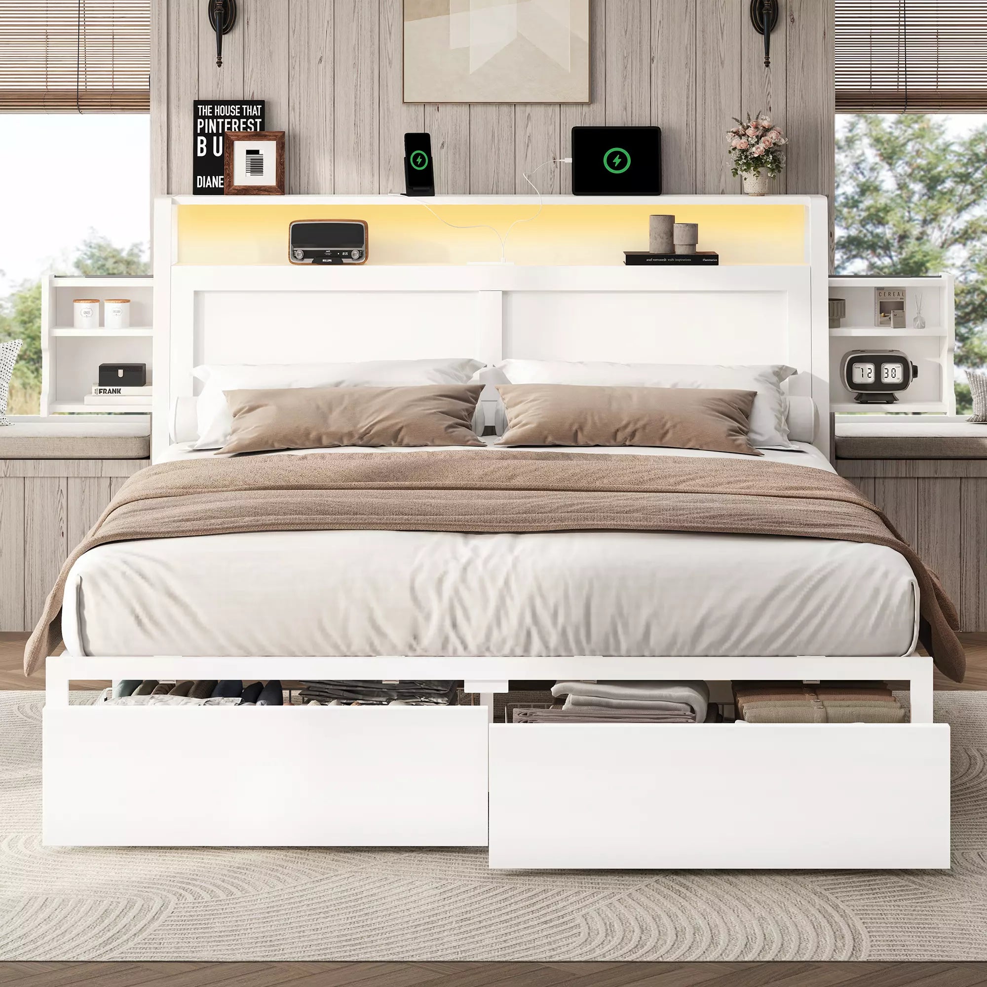 ShelfLit Bookcase Bed Frame with Hidden Headboard storage Shelvs,LED Lights & USB-C,2 Drawers