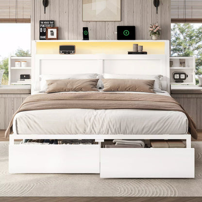 ShelfLit Bookcase Bed Frame with Hidden Headboard storage Shelvs,LED Lights & USB-C,2 Drawers