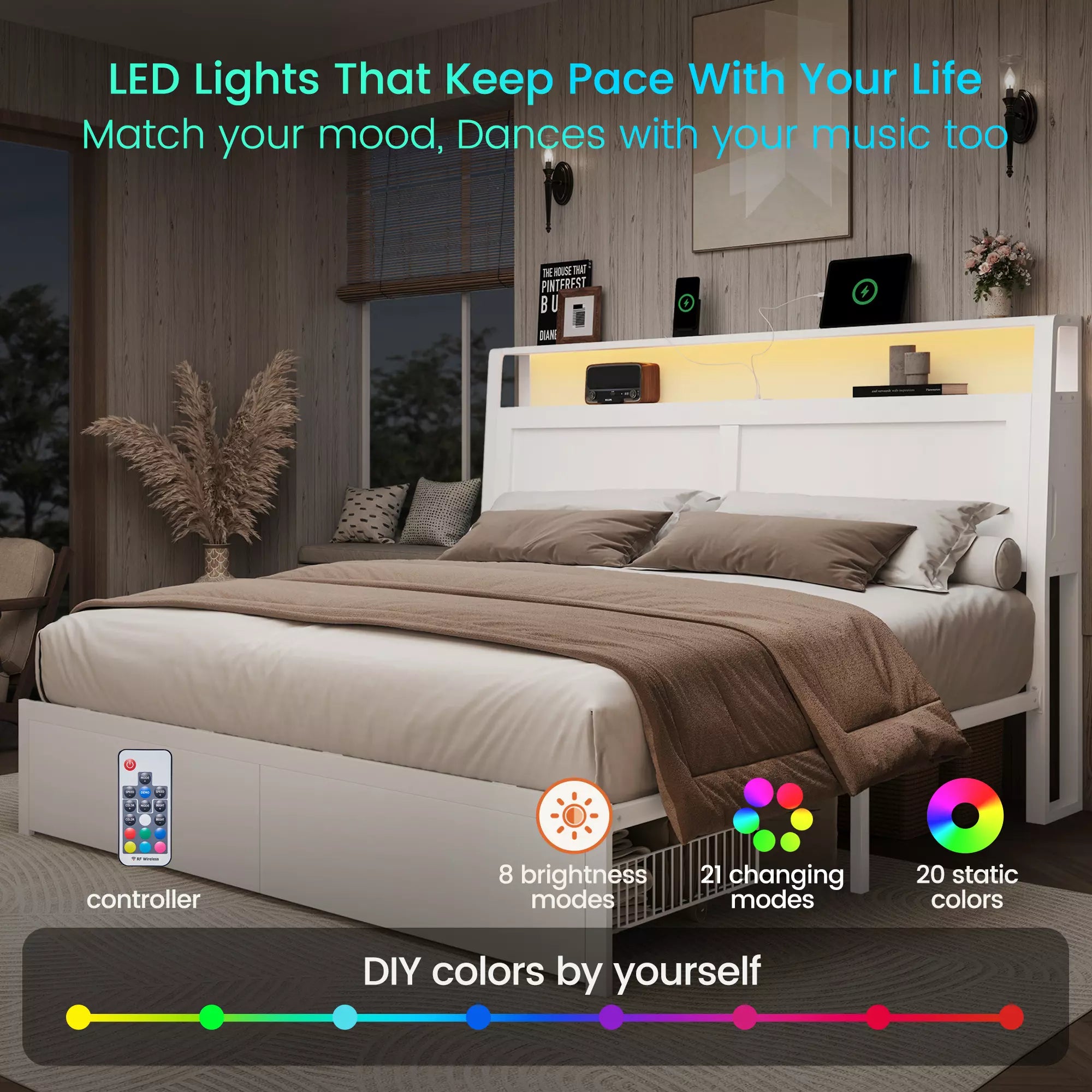 ShelfLit Bookcase Bed Frame with Hidden Headboard storage Shelvs,LED Lights & USB-C,2 Drawers