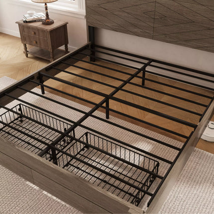 Arlo Farmhouse Wood Bed Frame, 52" Tall Headboard with Led Lights,Charging Station and 2 Drawers