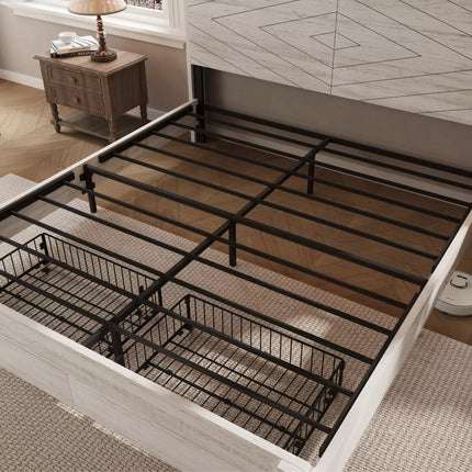 Arlo Farmhouse Wood Bed Frame, 52" Tall Headboard with Led Lights,Charging Station and 2 Drawers