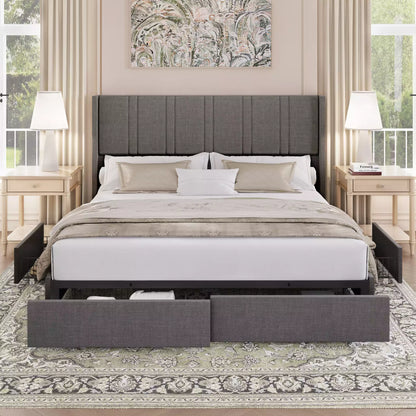 Gray upholstered bed with storage drawers in a bedroom setting.