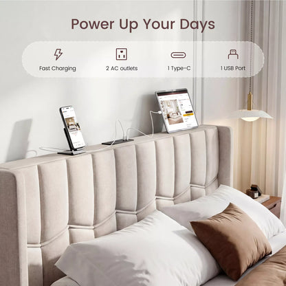 Built-in charging station on Mara headboard with 2 AC outlets, USB, and Type-C ports, ETL and FCC certified.