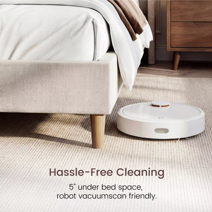 Mara bed frame with 5-inch under-bed space, robot vacuum friendly for hassle-free bedroom cleaning.