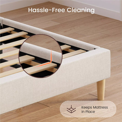 Close-up of Mara platform bed frame showing anti-sliding design that keeps mattress in place without box spring.