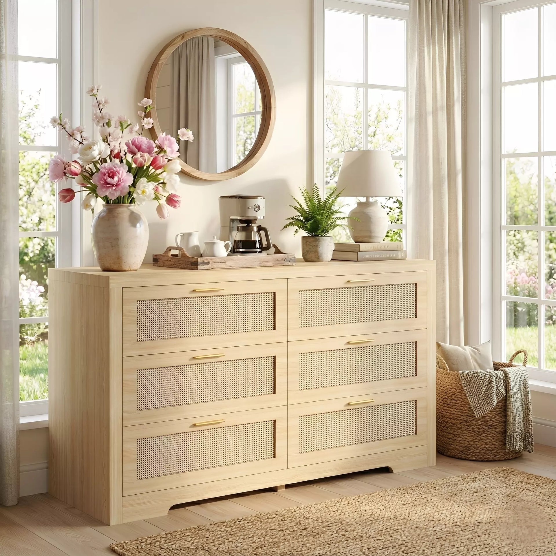 vintage boho dresser 6-Drawer Rattan | & Modern Farmhouse Bedroom Chest Black Two-Piece Satin Prom catching dresser features a 60s pencil dress Color:Purple Haza