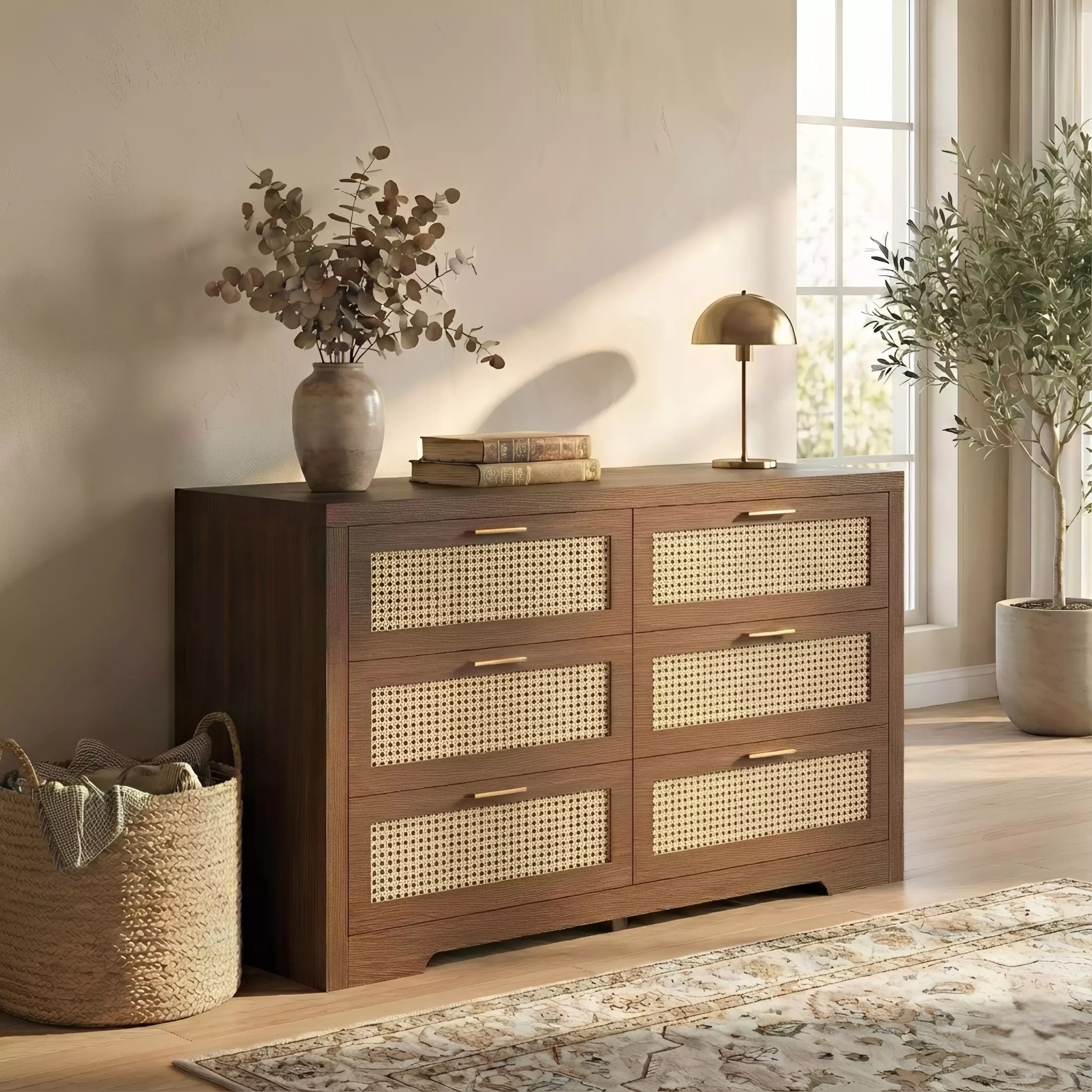 Boho Chick Rattan 6 Drawer Dressers-Walnet / Oak