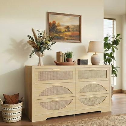 Arched Boho Rattan 6 Drawer Dressers Oak / Walnut