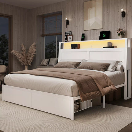 ShelfLit Bookcase Bed Frame with Hidden Headboard storage Shelvs,LED Lights & USB-C,2 Drawers