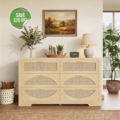 Arched Boho Rattan 6 Drawer Dressers Oak / Walnut