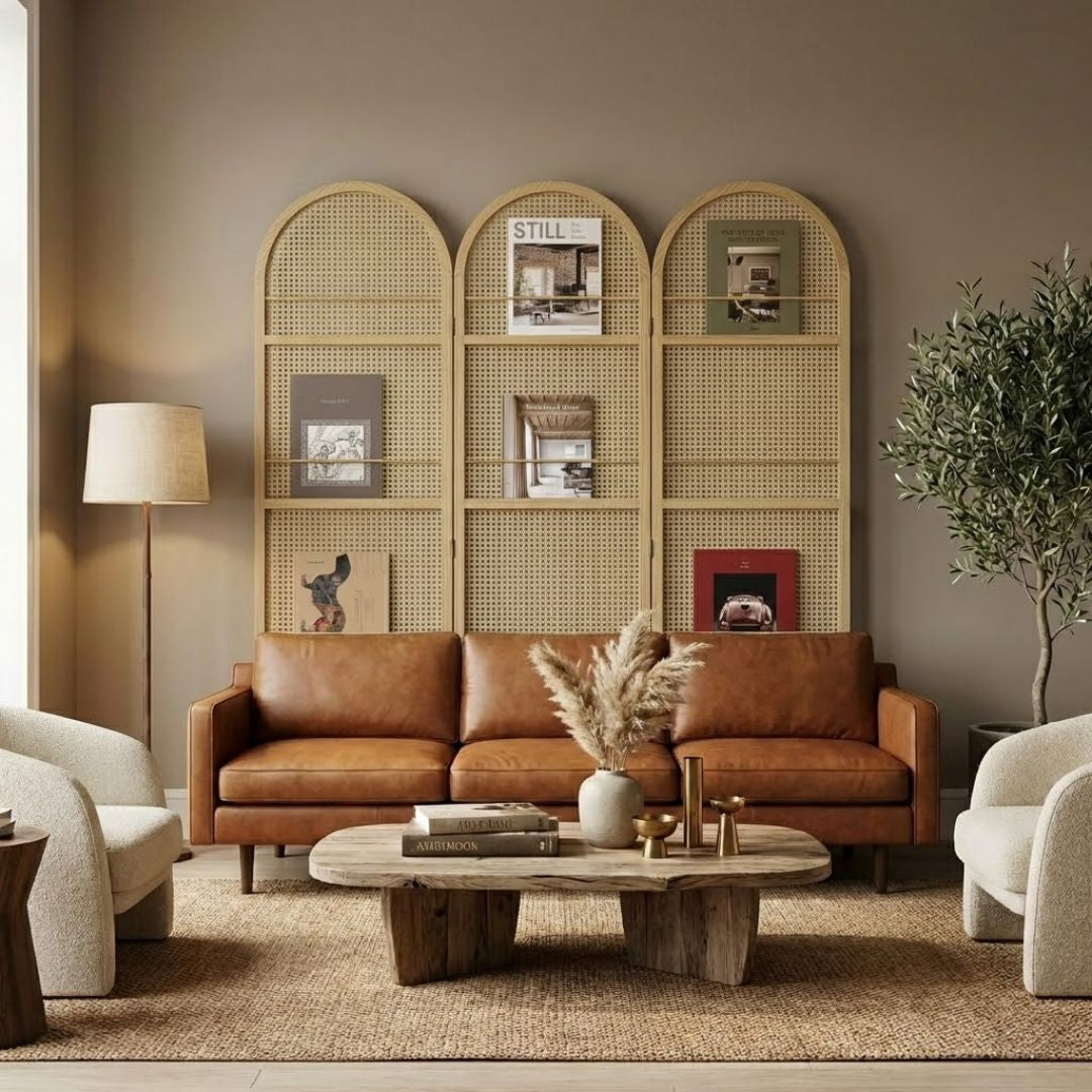 Larmace natural wood arched room divider with magazine display rails in a warm boho bedroom