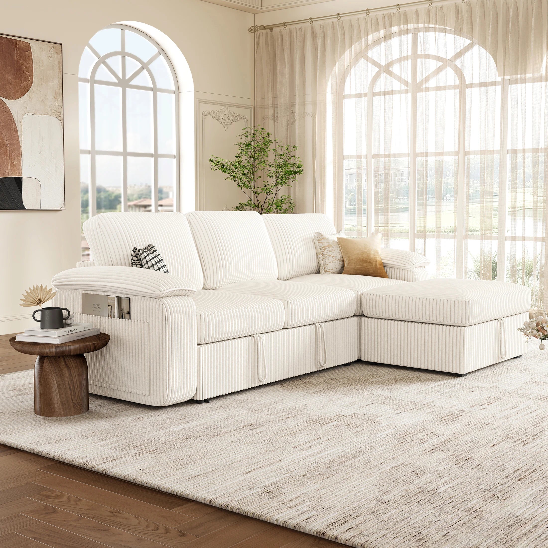 Nola Modular Corduroy Sleeper Sectional Sofa | 3 Seater |  L Shape Corner