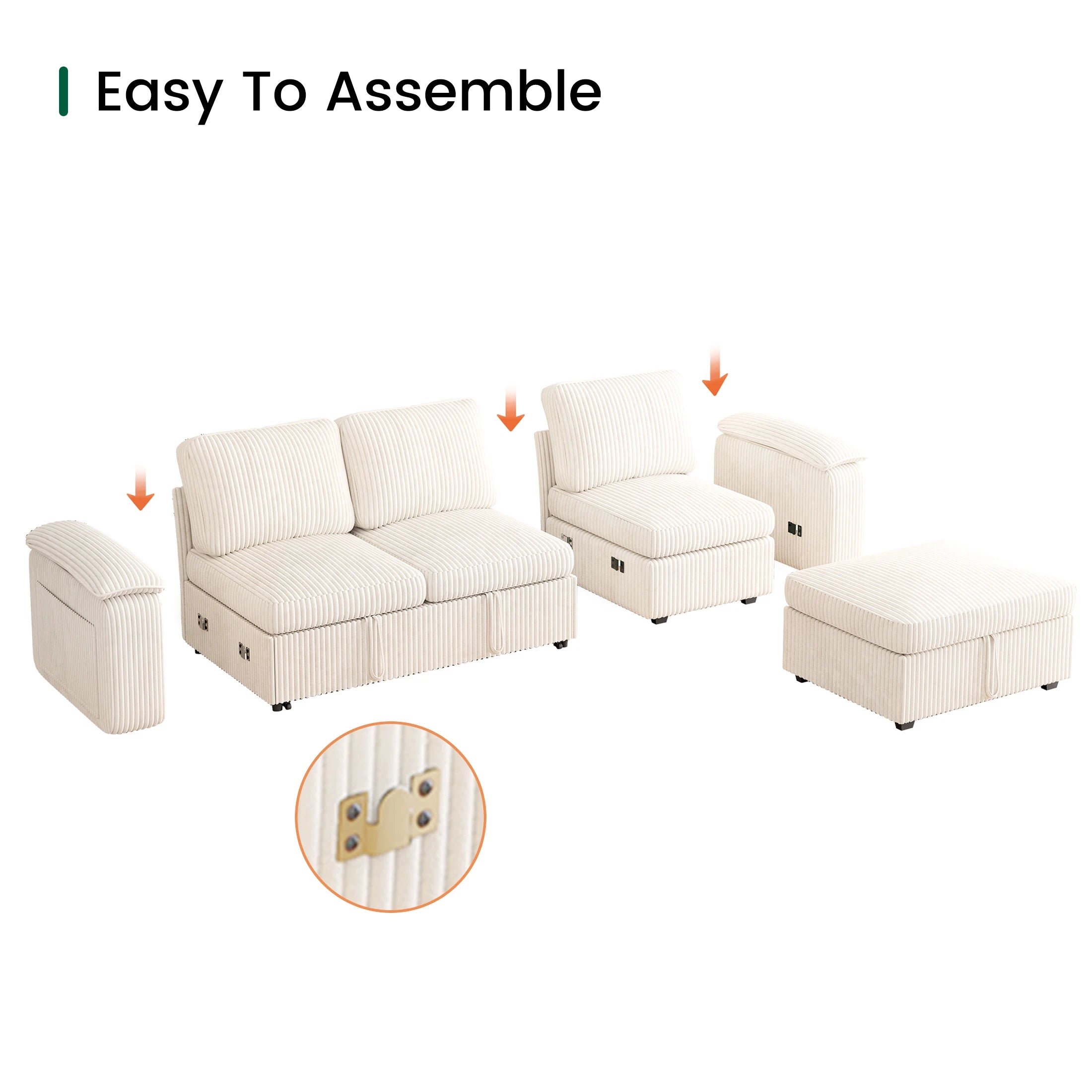 Nola Modular Corduroy Sleeper Sectional Sofa | 3 Seater |  L Shape Corner