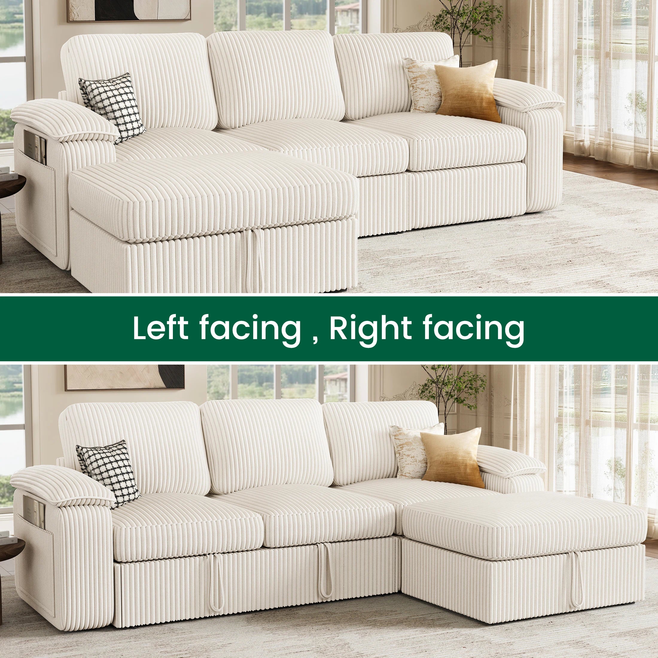 Nola Modular Corduroy Sleeper Sectional Sofa | 3 Seater |  L Shape Corner